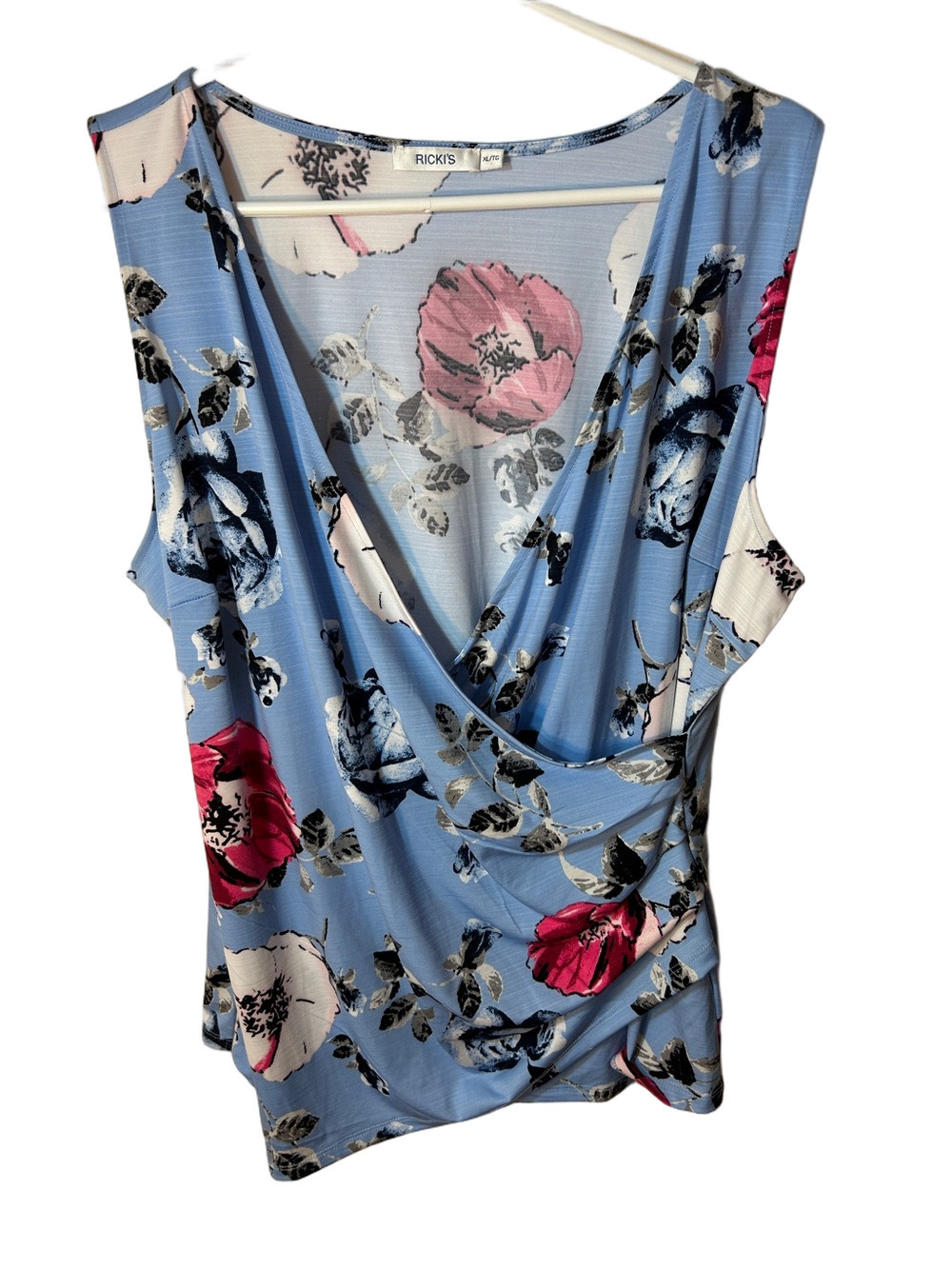 Ricki's Light Blue Floral Surplice Tank with Pink & Navy Blooms size XL
